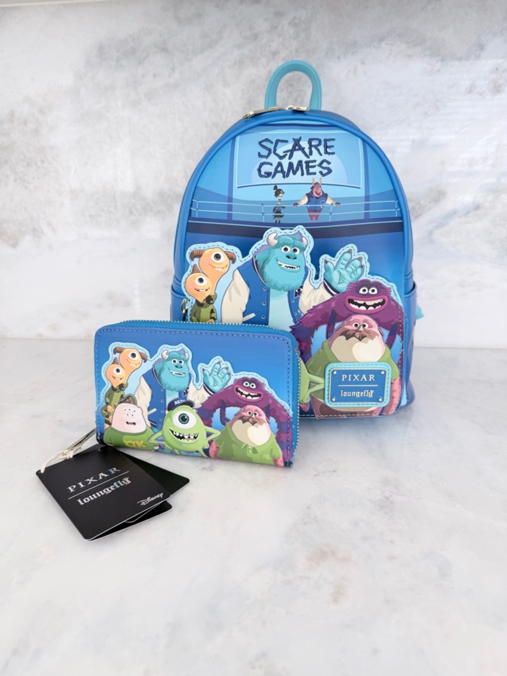NEW Loungefly Pixar Monsters University Scare Games Blue Mini Backpack & Wallet
